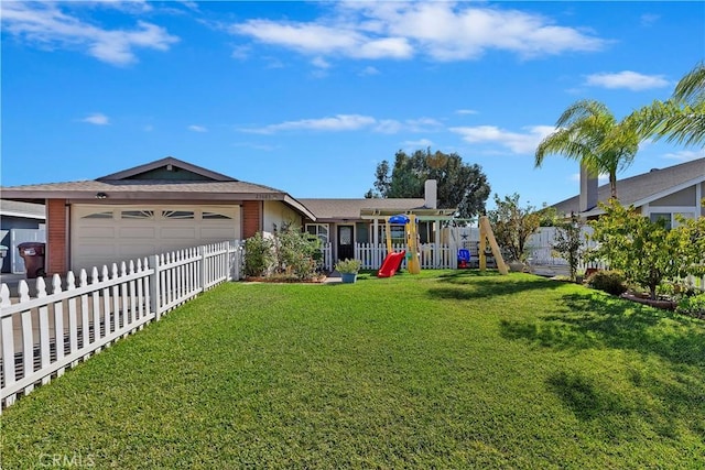 ranch-style house with a front yard, a garage, and a playground