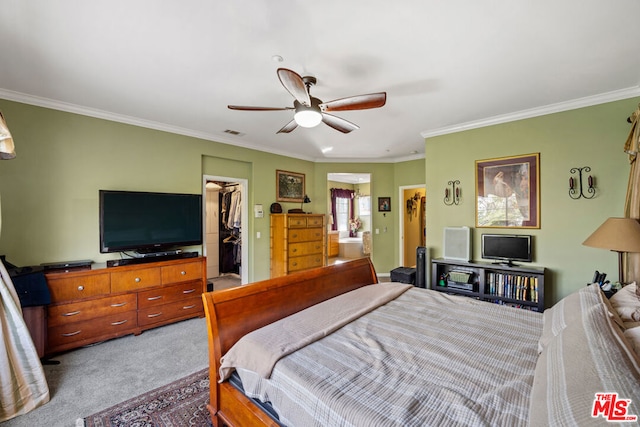 carpeted bedroom featuring a spacious closet, a closet, crown molding, and ceiling fan