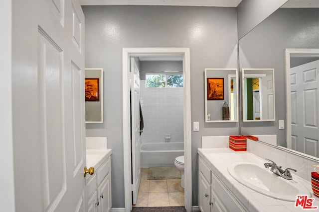 full bathroom featuring toilet, shower / tub combination, tile patterned floors, and vanity