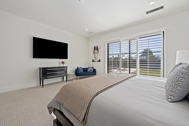 bedroom featuring access to exterior and light colored carpet