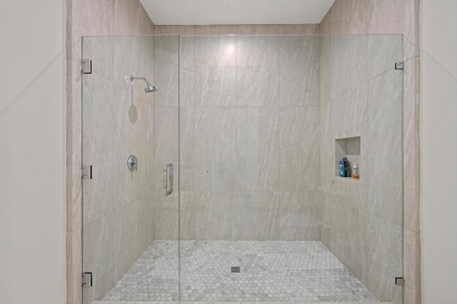 bathroom featuring a shower with shower door