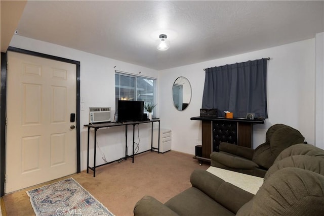 carpeted living room featuring cooling unit