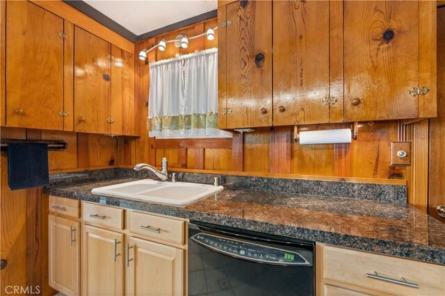 kitchen with sink, black dishwasher, and wood walls