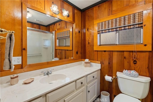 bathroom featuring an enclosed shower, ornamental molding, and wooden walls