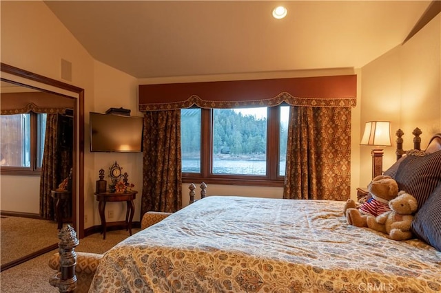 bedroom featuring carpet flooring and lofted ceiling