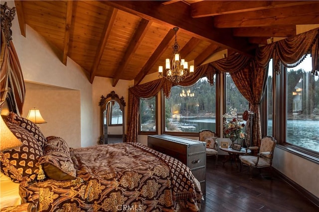 bedroom featuring wood ceiling, dark hardwood / wood-style floors, lofted ceiling with beams, and a notable chandelier