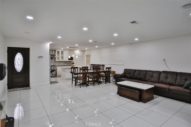 living room featuring light tile patterned floors