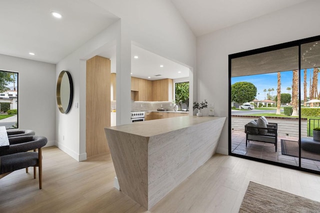 kitchen with decorative backsplash, plenty of natural light, kitchen peninsula, and stainless steel range