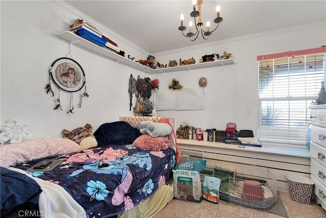 bedroom featuring an inviting chandelier, crown molding, and light tile patterned flooring