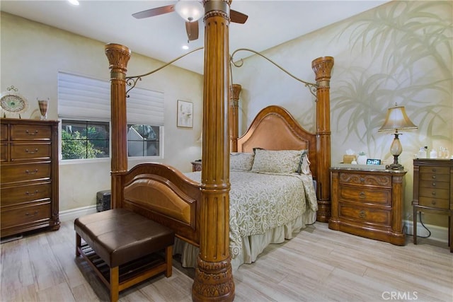 bedroom featuring ceiling fan and light wood-type flooring