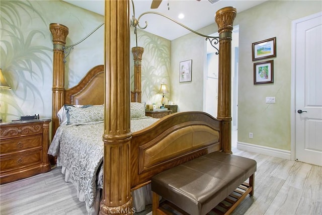 bedroom featuring ceiling fan and light hardwood / wood-style floors