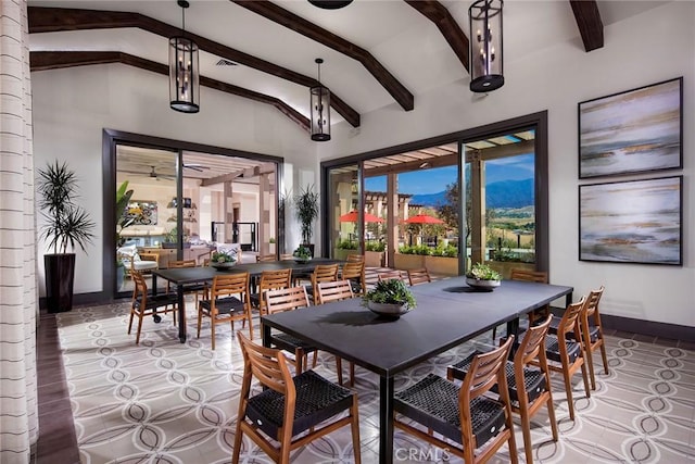 24368 Overlook Dr, Corona, CA 92883 - dining room featuring vaulted ceiling with beams and baseboards