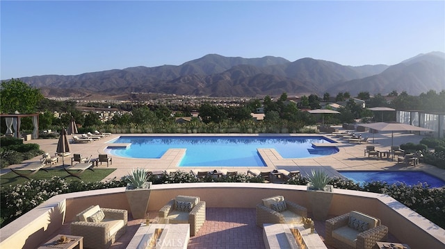 24368 Overlook Dr, Corona, CA 92883 - pool with a patio, an outdoor living space, and a mountain view