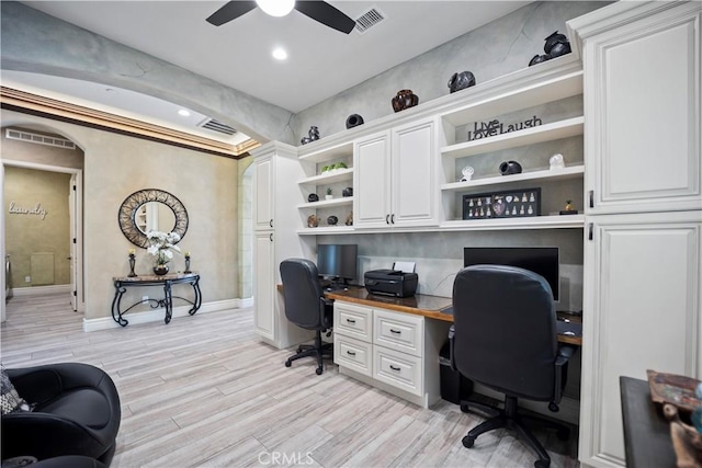 24368 Overlook Dr, Corona, CA 92883 - office area featuring baseboards, ceiling fan, visible vents, and light wood-style floors