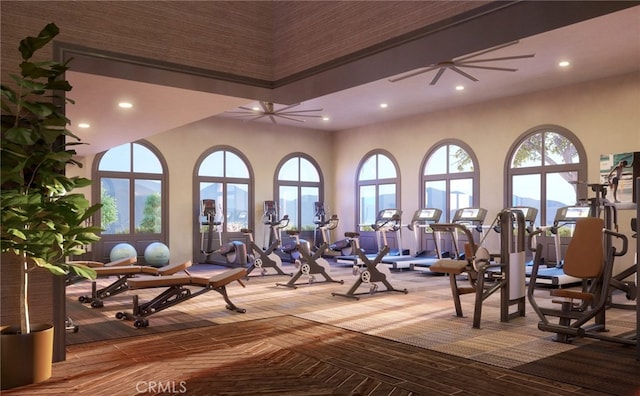 24368 Overlook Dr, Corona, CA 92883 - workout area featuring a high ceiling, recessed lighting, and ceiling fan