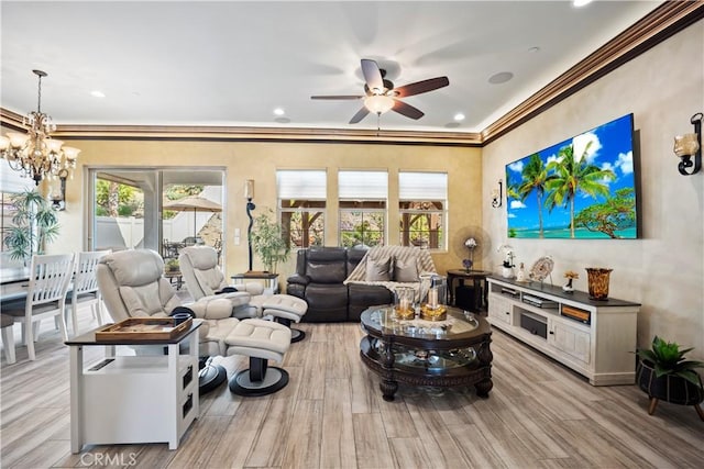 24368 Overlook Dr, Corona, CA 92883 - living area with ceiling fan with notable chandelier, crown molding, and wood finished floors
