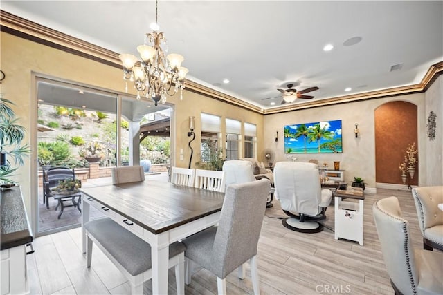 24368 Overlook Dr, Corona, CA 92883 - dining area with light wood finished floors, recessed lighting, crown molding, and ceiling fan with notable chandelier
