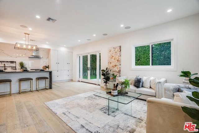 living room featuring french doors and light wood-type flooring