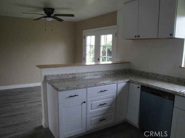 kitchen with white cabinets, dishwasher, kitchen peninsula, and french doors