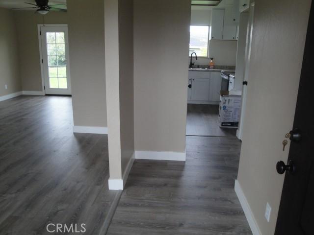 hall with dark hardwood / wood-style flooring and sink