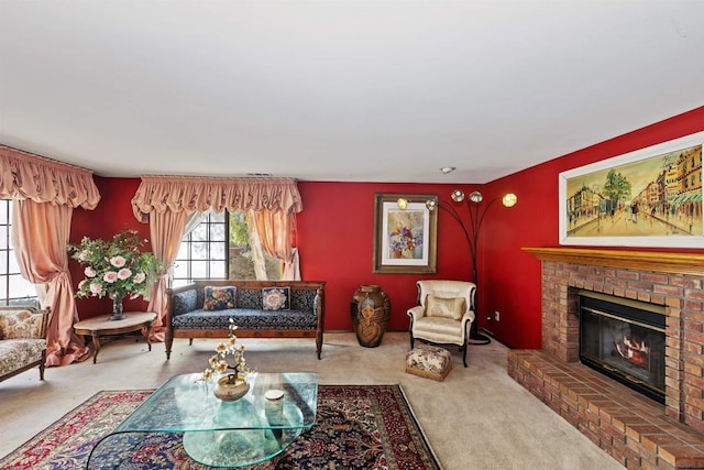 living room featuring carpet flooring and a fireplace