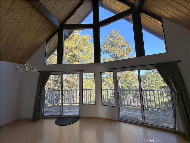 interior space featuring a notable chandelier, wood ceiling, beamed ceiling, and wood-type flooring