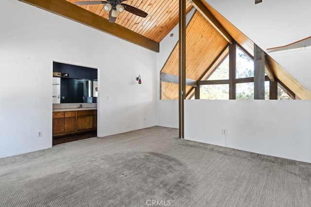 unfurnished living room with beam ceiling, carpet, ceiling fan, wooden ceiling, and sink