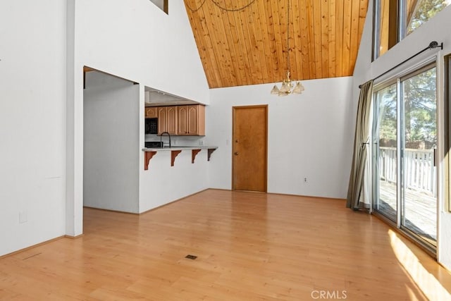 unfurnished living room featuring high vaulted ceiling, light wood-type flooring, wooden ceiling, and an inviting chandelier