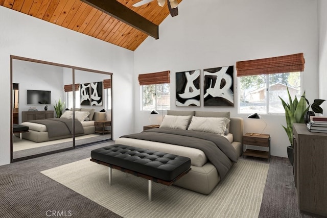 bedroom with beamed ceiling, ceiling fan, a closet, high vaulted ceiling, and wood ceiling