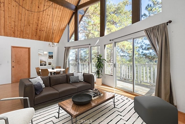 living room featuring light hardwood / wood-style flooring, wooden ceiling, high vaulted ceiling, and beamed ceiling