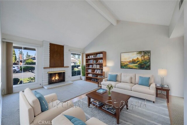 carpeted living room featuring a brick fireplace, high vaulted ceiling, and beamed ceiling