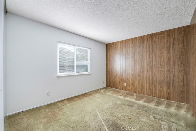 empty room with a textured ceiling, carpet flooring, and wooden walls