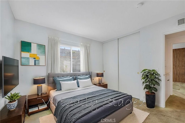 bedroom with a closet and light carpet