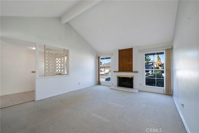 unfurnished living room featuring a brick fireplace, light colored carpet, high vaulted ceiling, and beamed ceiling