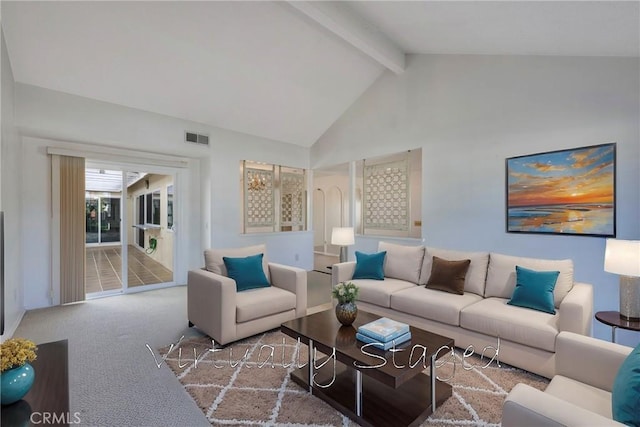 carpeted living room featuring high vaulted ceiling and beam ceiling