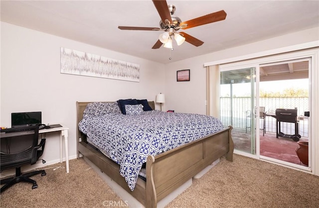 carpeted bedroom with ceiling fan and access to outside