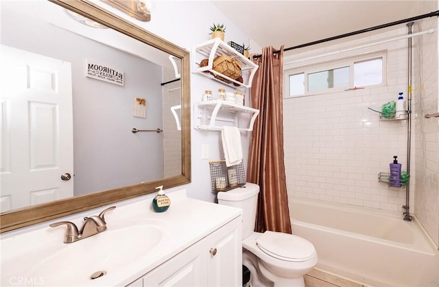 full bathroom featuring toilet, vanity, and shower / bath combination with curtain