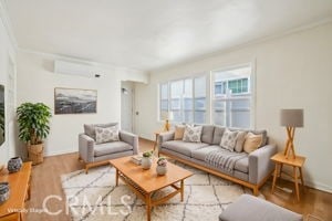 living room featuring hardwood / wood-style flooring and a wall mounted AC