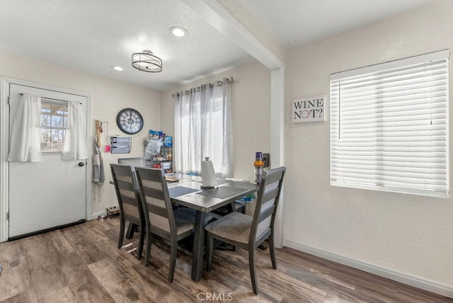 dining room featuring a healthy amount of sunlight, a textured ceiling, and wood-type flooring