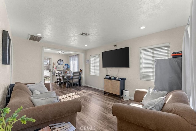 living room featuring a textured ceiling and hardwood / wood-style floors