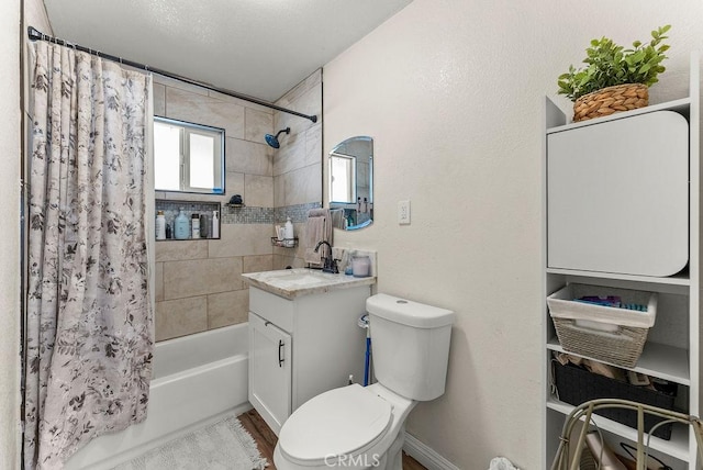 full bathroom with toilet, shower / tub combo, vanity, and hardwood / wood-style floors