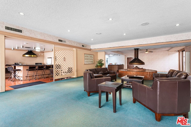 living room featuring carpet, a wood stove, and a textured ceiling