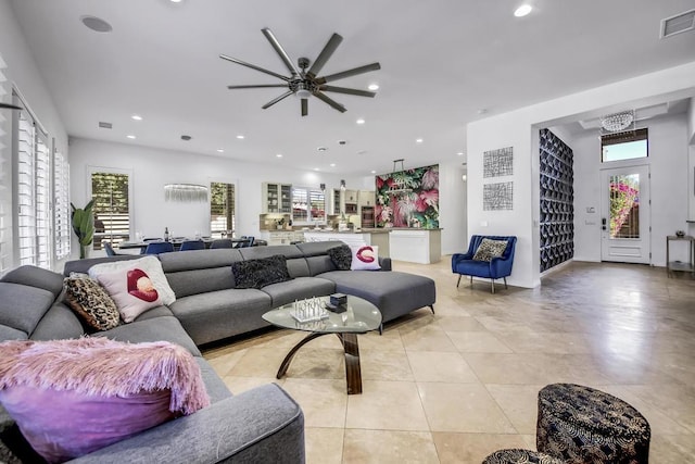 living room with ceiling fan