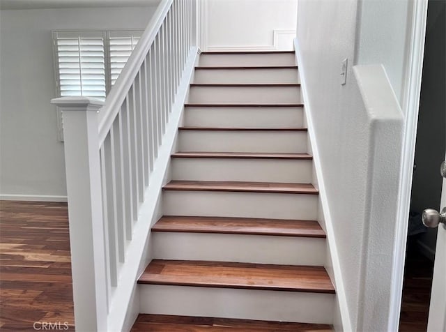 staircase with hardwood / wood-style floors