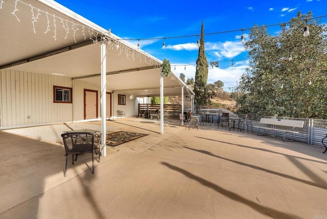 view of patio / terrace featuring a gazebo and a mountain view