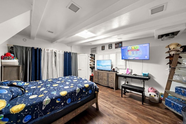 bedroom featuring beam ceiling and hardwood / wood-style flooring