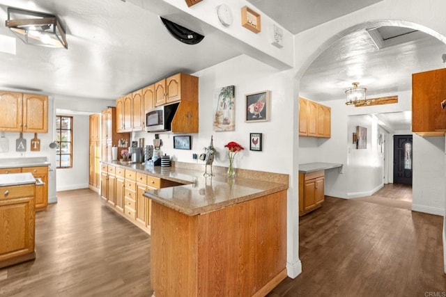 kitchen with wood-type flooring and kitchen peninsula