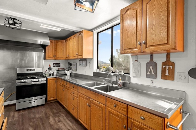 kitchen featuring ventilation hood, dark hardwood / wood-style flooring, stainless steel stove, and sink