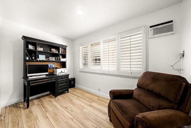 living room featuring an AC wall unit, dark hardwood / wood-style floors, and beam ceiling