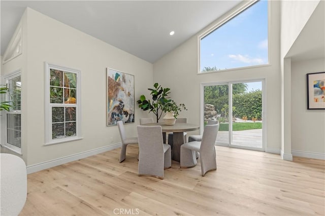 dining room with light hardwood / wood-style floors and high vaulted ceiling